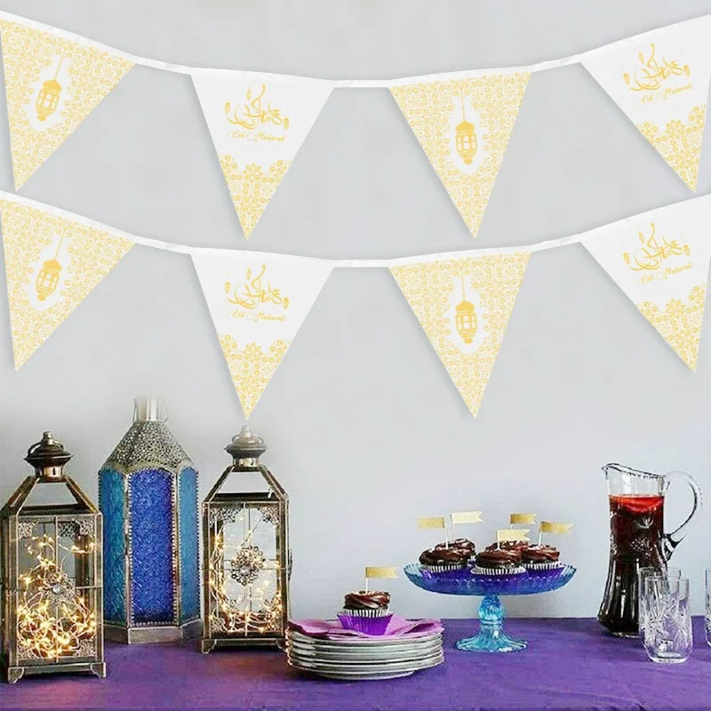 Eid Triangle Flag Bunting White Gold 300cm photo 3