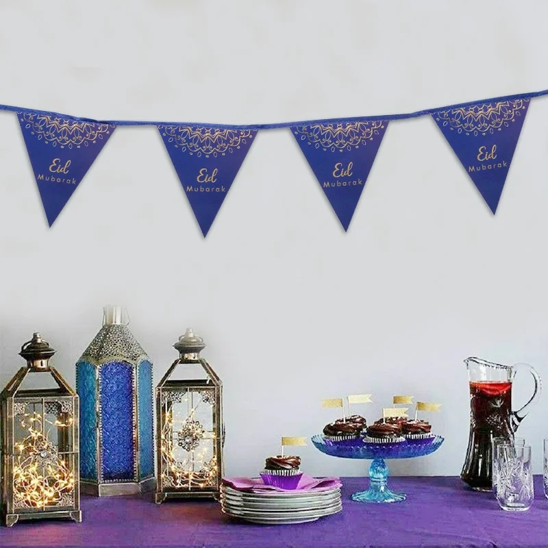 Eid Triangle Flag Bunting Blue Gold 300cm photo 3