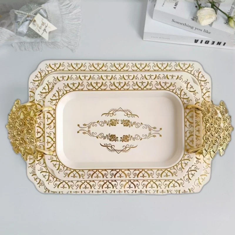 White Serving Tray with Gold Rose Handle - Set of 3 1pcs