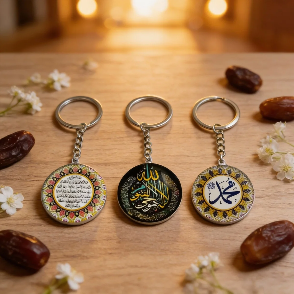 Islamic Keychain green glass pendant